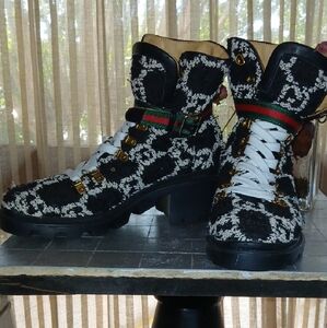 Gucci Black and White Combat Boots with Green and Red Stripe